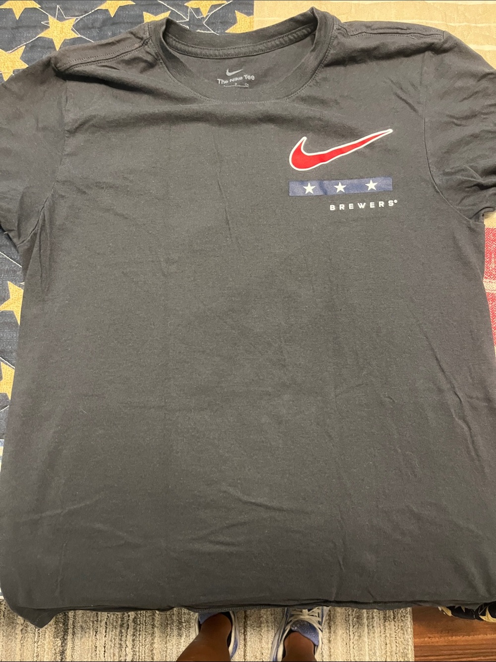 Nike Black Tee with Red Swoosh and Blue Stars - Brewers Graphic